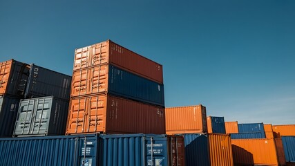 Fototapeta premium Contenedores marítimos apilados en puerto con cielo despejado