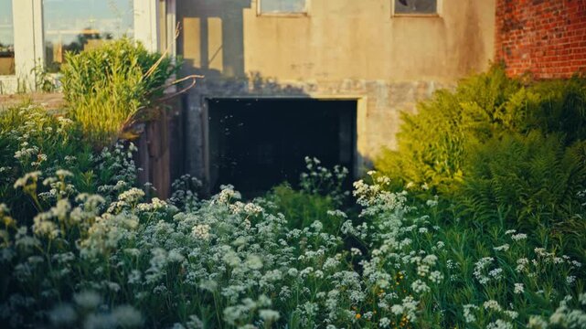 Static shot of white Cow Parsley wildflowers and a swarm of insects hovering near a metal box by a farm building