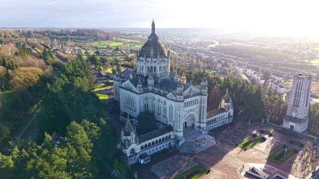 Historic Basilica of Saint Th&eacute;r&egrave;se, Lisieux in Normandy, France. Aerial drone sideways