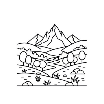 Minimalist mountain landscape with river, trees, and hills line art