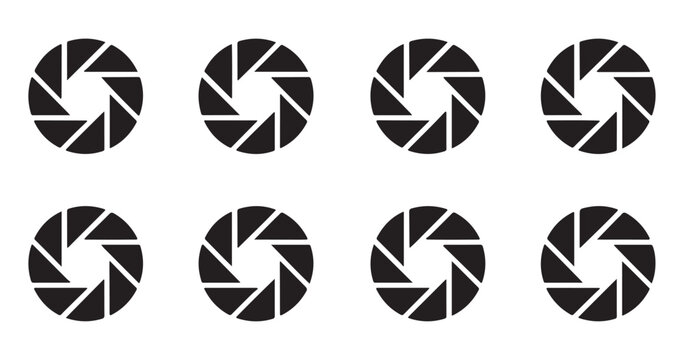 Lens aperture diaphragm icons with geometric triangular blades creating circular opening for digital cameras