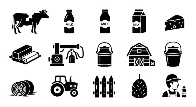 Farm Agriculture Icon Set with Milk Bottle, Barn, Tractor and Organic Farming Symbols for Dairy Branding, Rural Business and Agro Industry Design