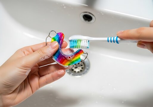 Close-up of hands cleaning a colorful, rainbow-patterned dental retainer with a toothbrush under running water in a white sink.