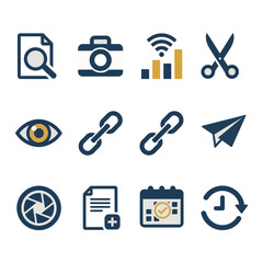 A set of flat design icons representing various business and productivity concepts on a white background
