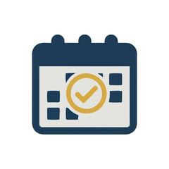 A vector graphic of a calendar icon with a checkmark on a white background