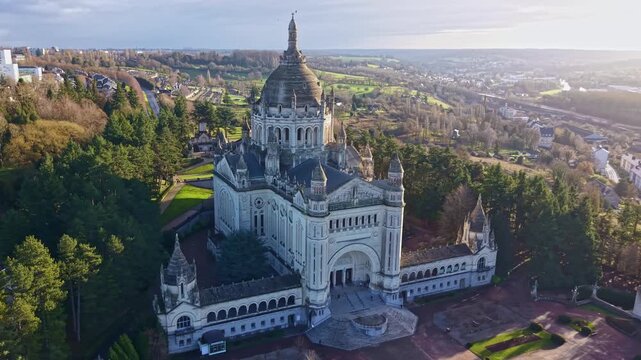 Basilica of Saint Th&eacute;r&egrave;se of Lisieux, Normandy in France. Aerial drone circling