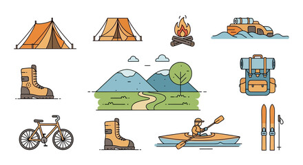 Camping and outdoor adventure icon set tent campfire kayak skiing and backpack © Hadi