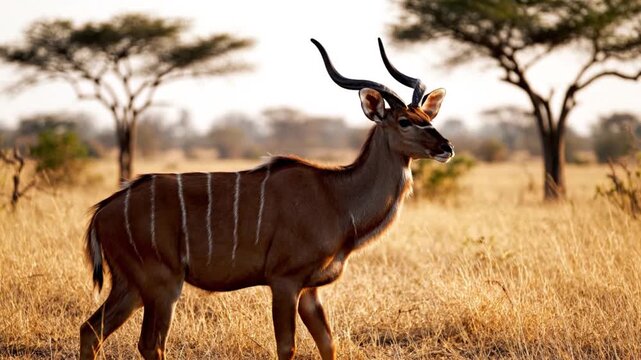 Majestic kudu antelope with curved horns walks through dry savanna grass, cinematic wildlife footage during golden hour safari