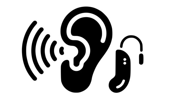 Black Silhouette of Human Ear with Sound Waves and Hearing Aid Device, Hearing Health and Deaf Awareness Concept Icon Illustration Isolated on White Background