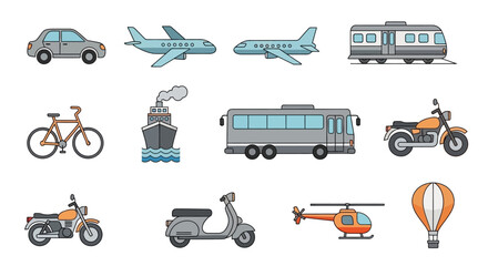 Transportation collection car plane train bicycle ship bus motorcycle scooter and air balloon © Hadi