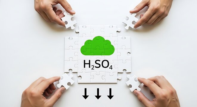 Hands assembling a jigsaw puzzle with 'H2SO4' and a green cloud icon, symbolizing chemistry, solutions, and problem-solving in industry.