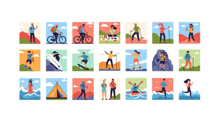Diverse collection of illustrated people engaging in various outdoor recreational activities