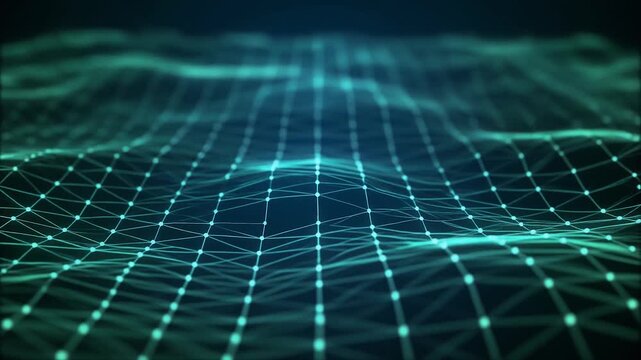 Futuristic looped floating grid points connecting wave motion subtle glow seamless surreal ambience cascading softly abstract unique style ultra realistic cinematic loop