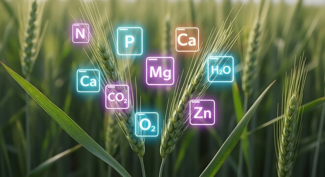 Green wheat field with essential chemical elements for growth highlighted