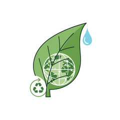 Obraz premium Green leaf with globe, recycling, and water drop for eco concept