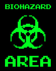 Fototapeta premium Neon green biohazard warning symbol on black background. Vector pixel art poster with striped caution tape. 8-bit style. High contrast industrial sign for contamination, toxic lab zone concept.