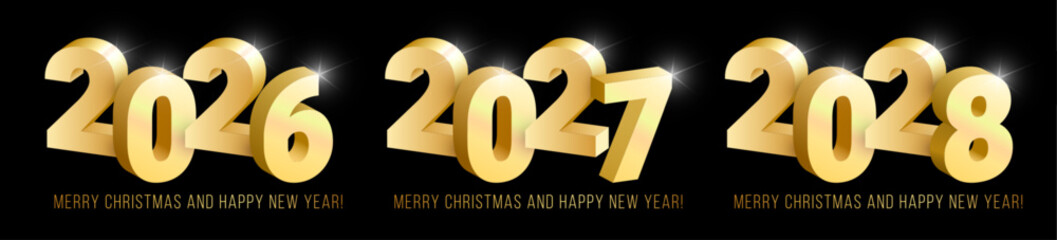 Realistic shiny 3D gold numbers 2026 2027 2028 greeting banner set on black background. Vector golden Merry Christmas and Happy New Year design element for web, print concept, ad, decoration, design.