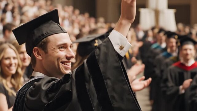 Young man celebrating graduation with cap and gown.