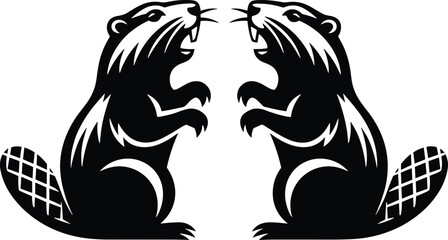 Beaver silhouette pair facing each other isolated on white background, black vector illustration of wild rodents for logo, mascot and wildlife design © MstAshida