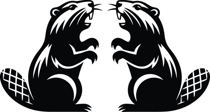 Beaver silhouette pair facing each other isolated on white background, black vector illustration of wild rodents for logo, mascot and wildlife design