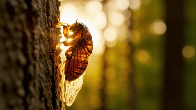 Cicada emerging from its exoskeleton on tree.