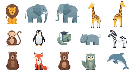 Cartoon animal set lion elephant giraffe monkey penguin owl dolphin bear © Hadi