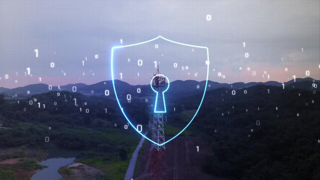 Digital shield and lock icon protecting communication tower with binary data overlay, cyber security and network protection concept over landscape
