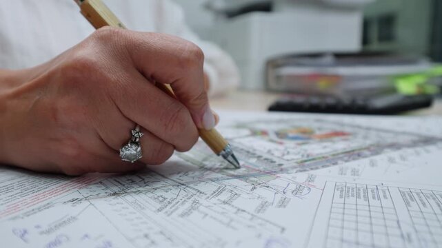 Female manicured hand annotates engineering diagram during planning process. Precision gestures emphasize accuracy and concentration