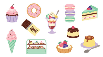 A delightful collection of sweet treats, including cupcakes, donuts, ice cream, macarons, cakes, and pastries, presented in a vibrant and appealing arrangement. © tr