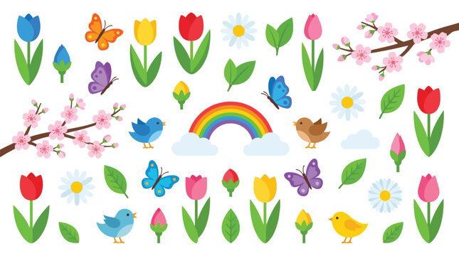 A vibrant collection of spring-themed illustrations featuring tulips, butterflies, birds, cherry blossoms, daisies, a rainbow, and clouds.