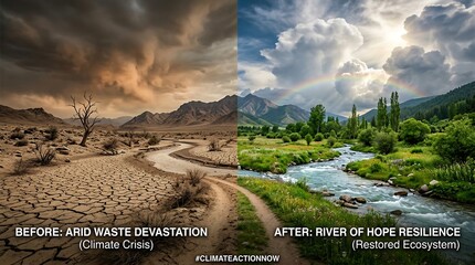 Fototapeta premium Climate change concept with arid landscape transforming into lush ecosystem