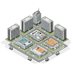 Isometric City Block with Buildings and Infrastructure.