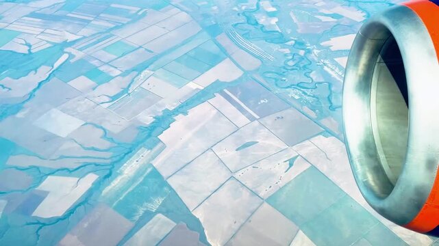 Airplane window view above clouds and agricultural fields with visible wing and engine. Scenic aerial landscape from passenger aircraft during flight, blue sky horizon, travel concept, transportation 