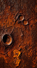 Close up of heavily corroded rusty metal surface with deep pits and textured patterns showing signs of decay and age