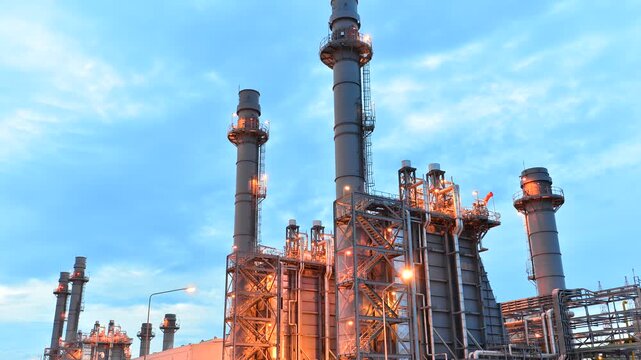 Gas turbine electrical power plant at dusk with twilight
