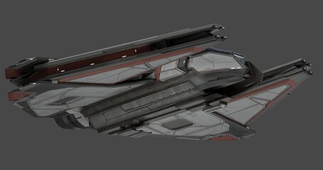 Futuristic spaceship design with sleek metallic surface and red accents