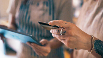 Obraz premium Women, hands and tablet with credit card for online shopping, payment or banking in small business. Procurement, people or ecommerce with tech for virtual purchase, stock order or app in workplace