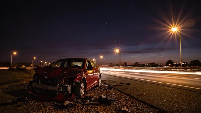 Damaged vehicle roadside after accident at sunset with highway traffic trails