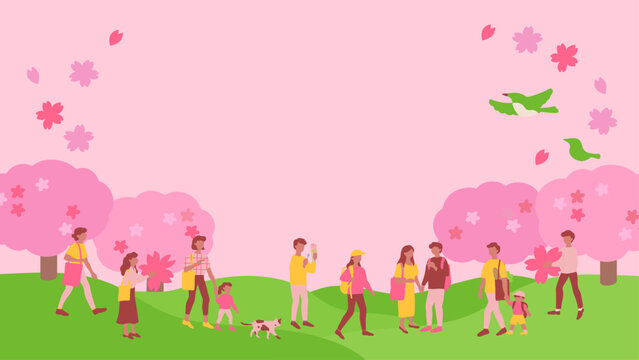 お花見をする人物と桜の風景の手書き風ベクターテンプレートイラスト Hand-drawn style vector template illustration of people enjoying cherry blossom viewing and a cherry blossom landscape.