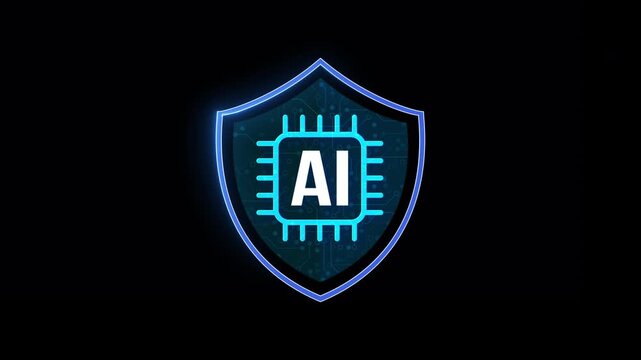 Glowing AI chip inside security shield icon on black background, artificial intelligence protection and cybersecurity concept technology video overlay