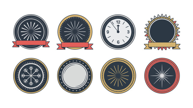 Round medal vector collection featuring compass star emblems, ribbon banners, vintage clock frames for achievement badge, award, certification design