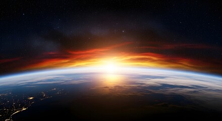 Obraz premium Earth sunrise from space with glowing horizon city lights and stars cosmic atmosphere view