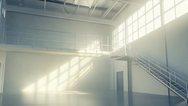 Spacious industrial interior with mezzanine and staircase, sunlight pouring through large windows and casting geometric shadows across clean concrete floor and minimalist architecture