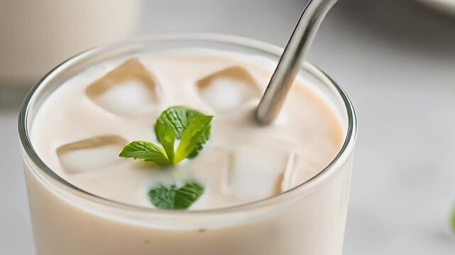 Creamy drink with ice, mint garnish, and metal straw in a clear glass, close-up view