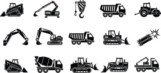 Industrial Construction Equipment Silhouette Icons with Excavator Bulldozer Dump Truck Crane Roller and Demolition Machinery Vector Set © MDShakhawat