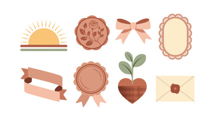 Spring celebration labels, sunrise icon, rosette flower, ribbon tags, scalloped frame, heart sprout, envelope card, seasonal party vector elements © Abdul alim