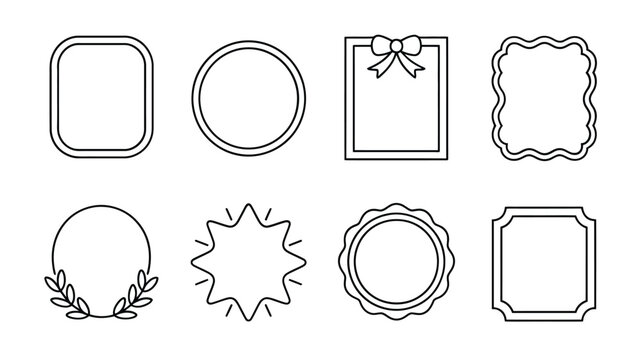 Outline badge frames set, round and square labels, ribbon plaque, rosette seal, certificate border, logo mark, wedding invitation template vector