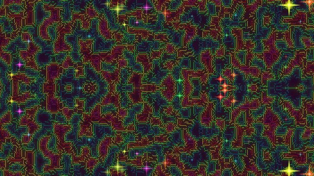 Vibrant abstract pattern featuring glowing neon shapes and colorful lights on a dark background from a direct viewpoint
