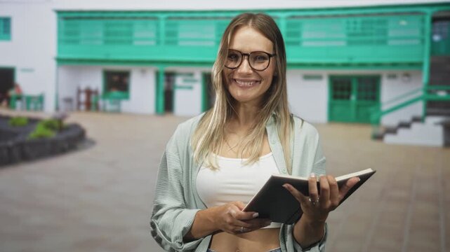 Woman wearing glasses holding open book with hands, smiling while reading in front of a building with green balcony and stone plaza; contentment study reflection.