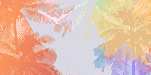 Colorful pastel palm trees against a soft light blue sky © Sabuj